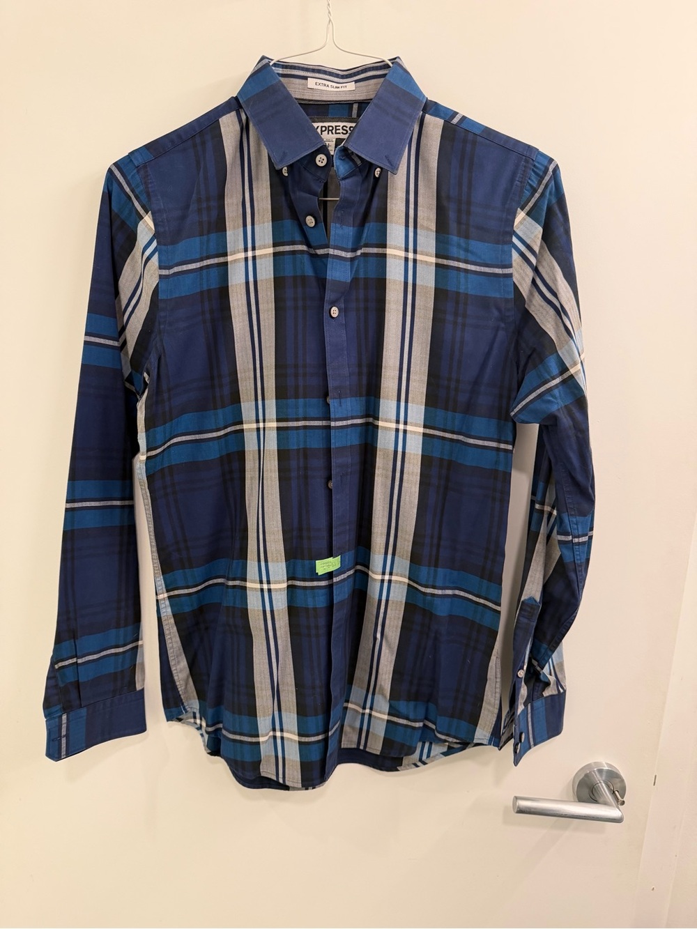 Express Men’s Navy and Light Blue Plaid Button-Down Shirt